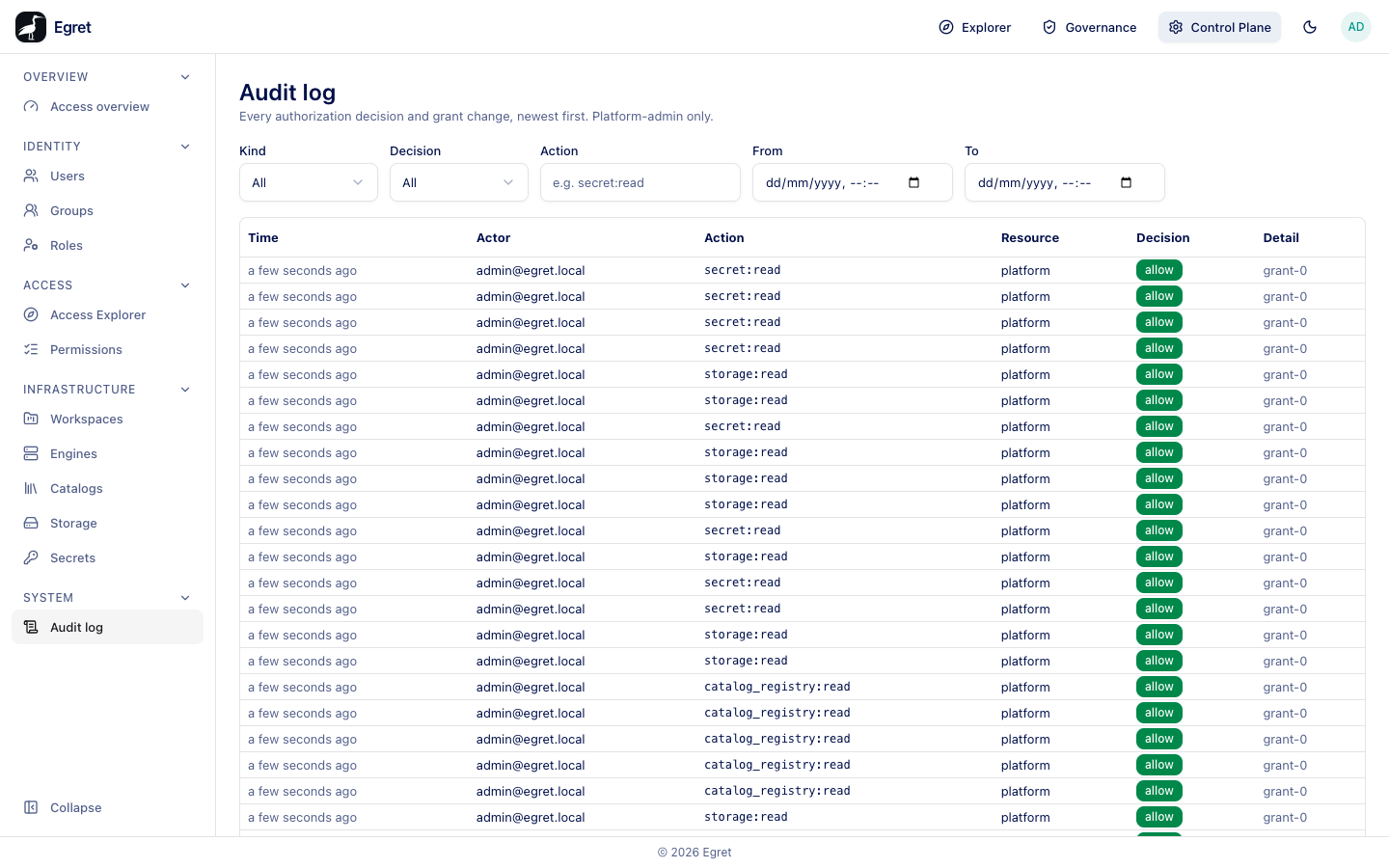 The Audit log with its filters and rows