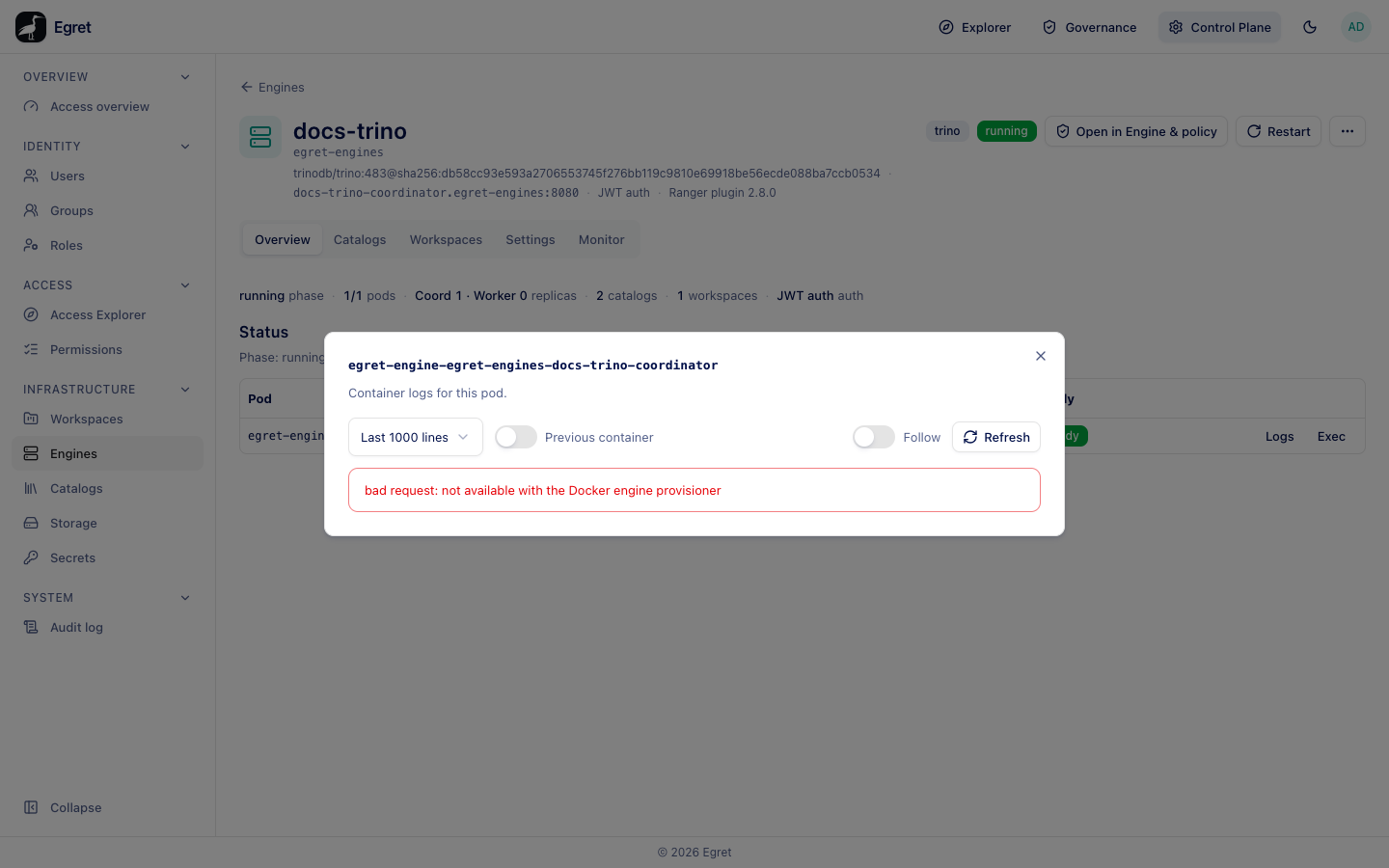 The Logs dialog on the Docker demo stack