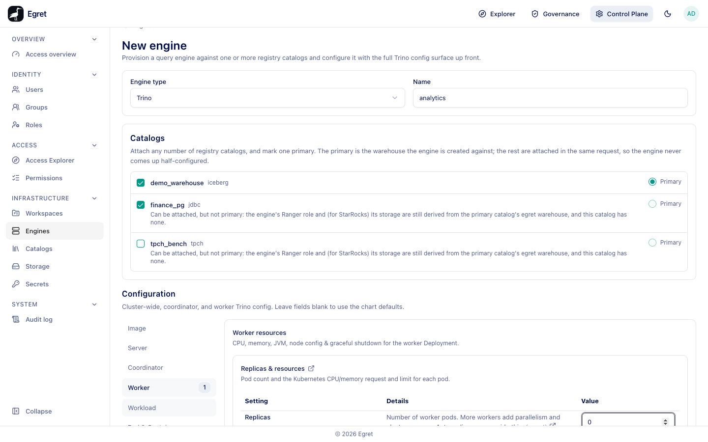 The New engine form: engine type, name, two catalogs with demo_warehouse primary, and the Worker section with Replicas set to 0