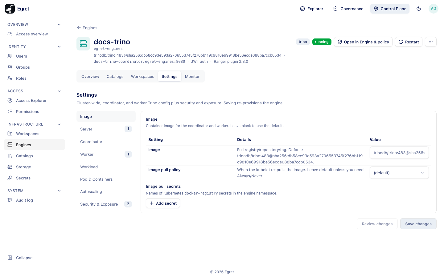 The Settings tab with the configuration sections; Worker and Security &amp; Exposure carry values