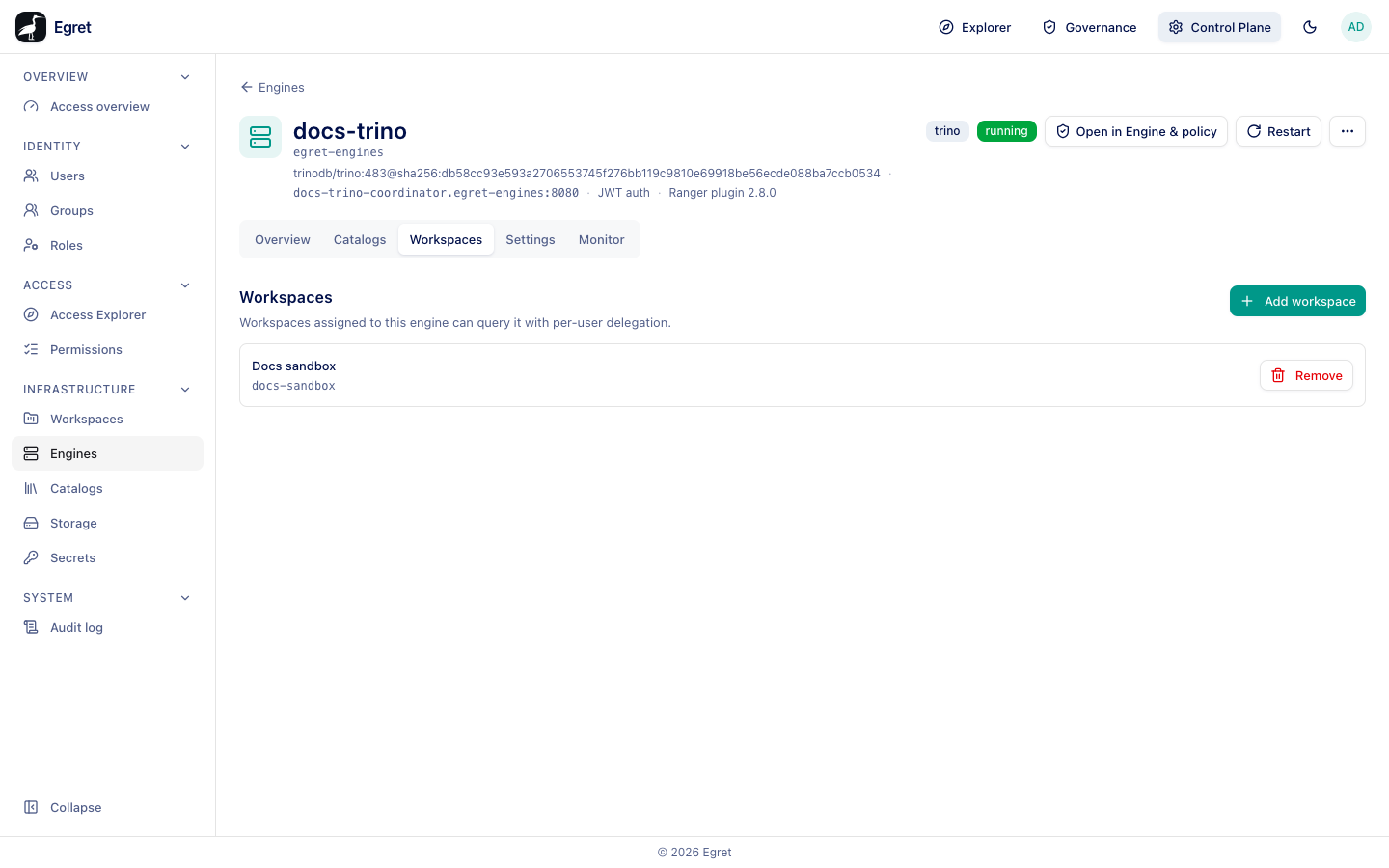 The Workspaces tab with Docs sandbox assigned