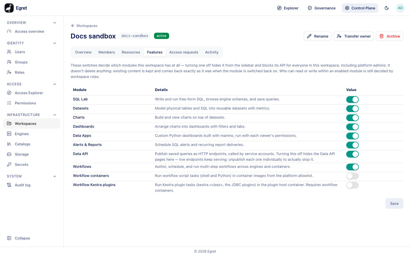 The Features tab of Docs sandbox with one switch per module