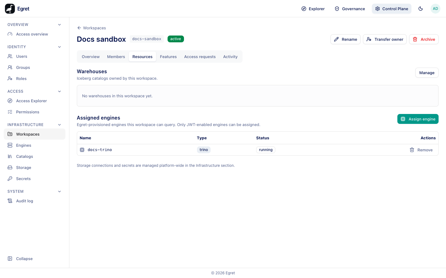 The Resources tab of Docs sandbox: no warehouse, and the engine docs-trino assigned