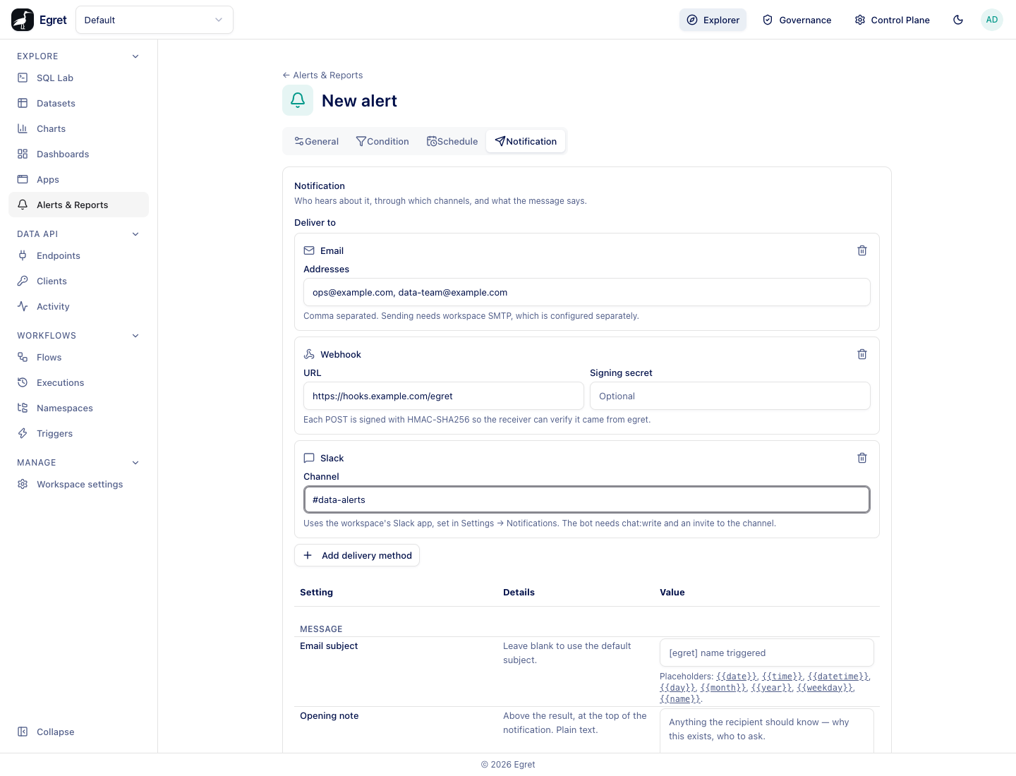 The Notification tab with an email, a webhook and a Slack destination