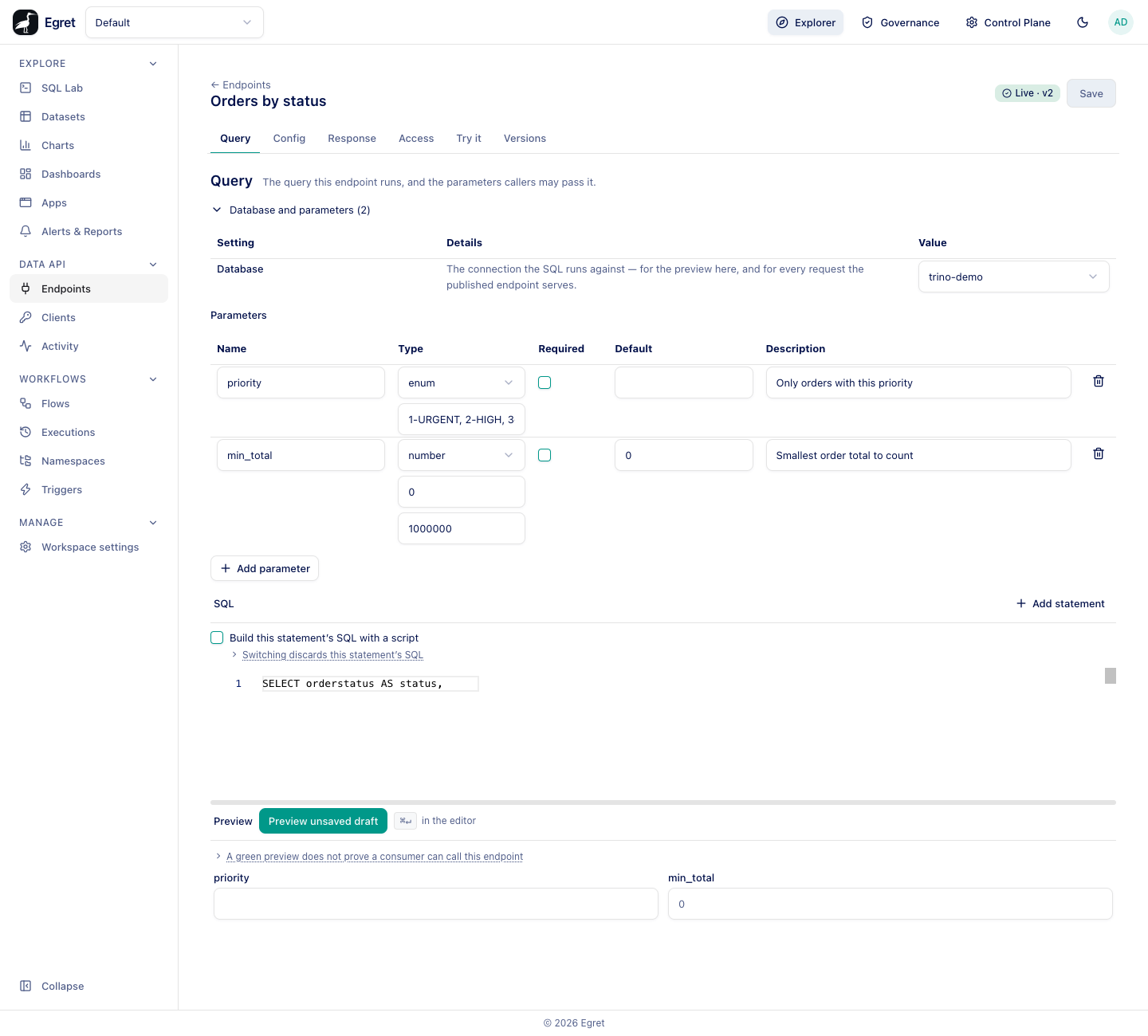 The Query tab of Orders by status with Database and parameters open: priority (enum) and min_total (number, 0 to 1000000)