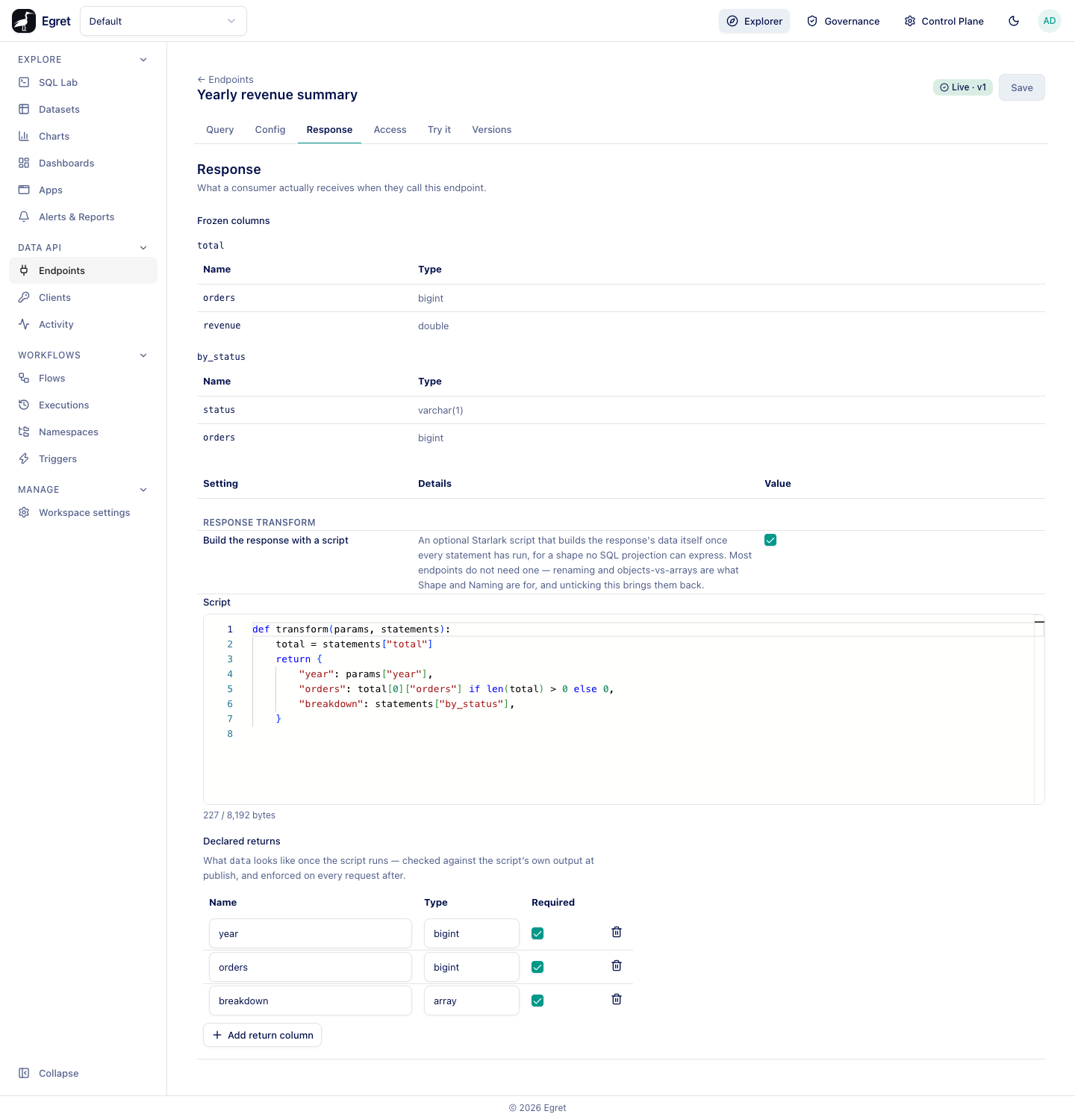 The Response tab of Yearly revenue summary: two statements' frozen columns, the transform script (227 / 8,192 bytes) and three declared returns