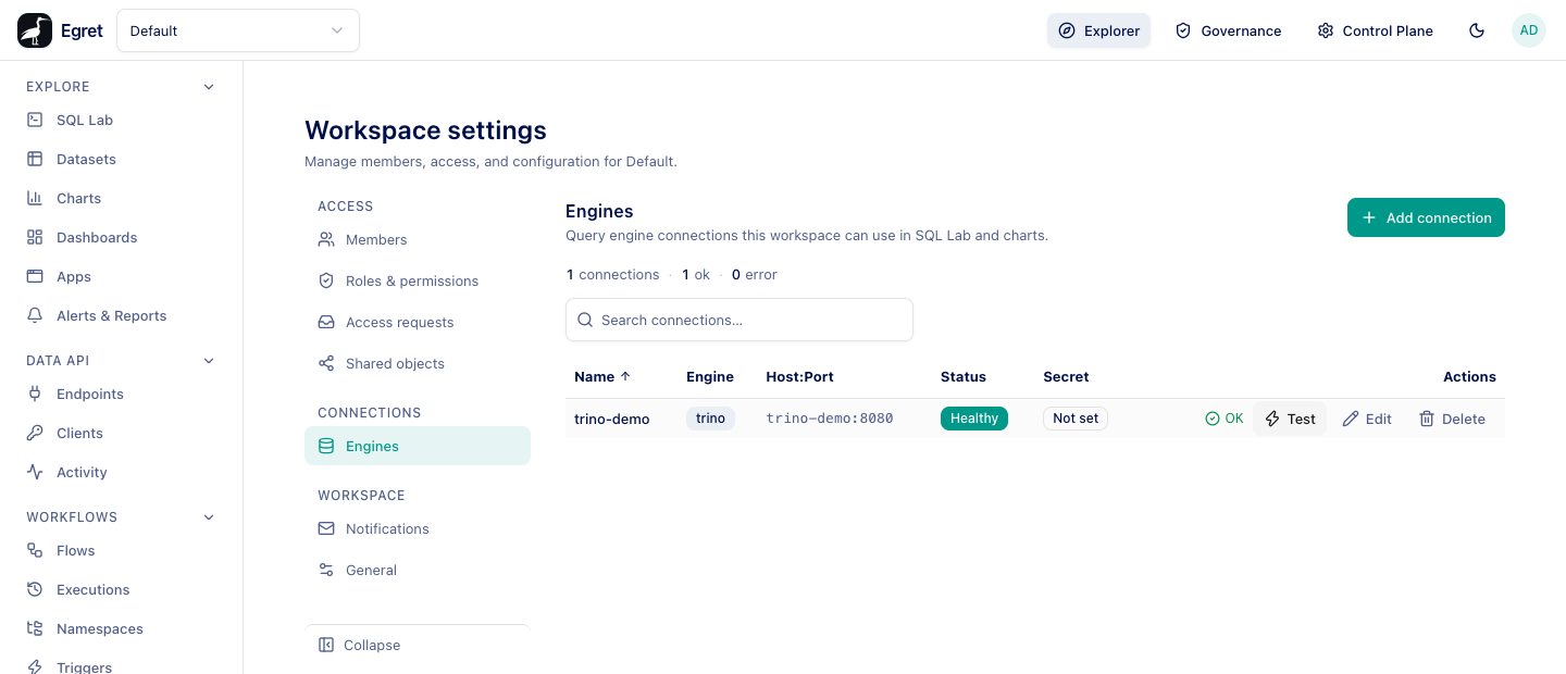 The Engines page lists the workspace's engine connections
