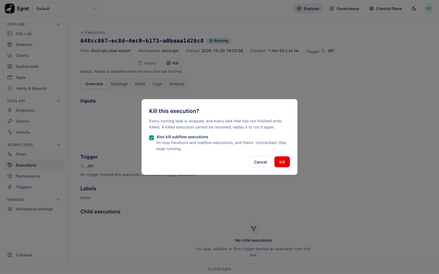 The kill dialog on a running execution, with the Also kill subflow executions option