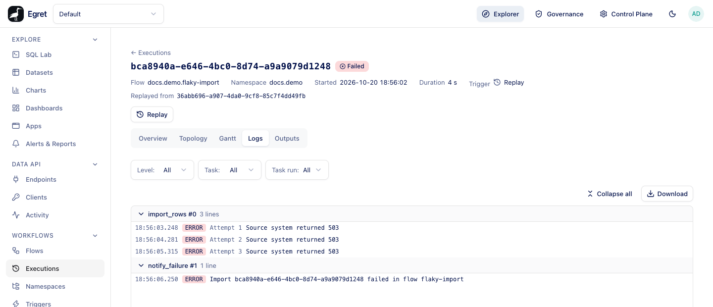 The Logs tab grouped by task run with error lines