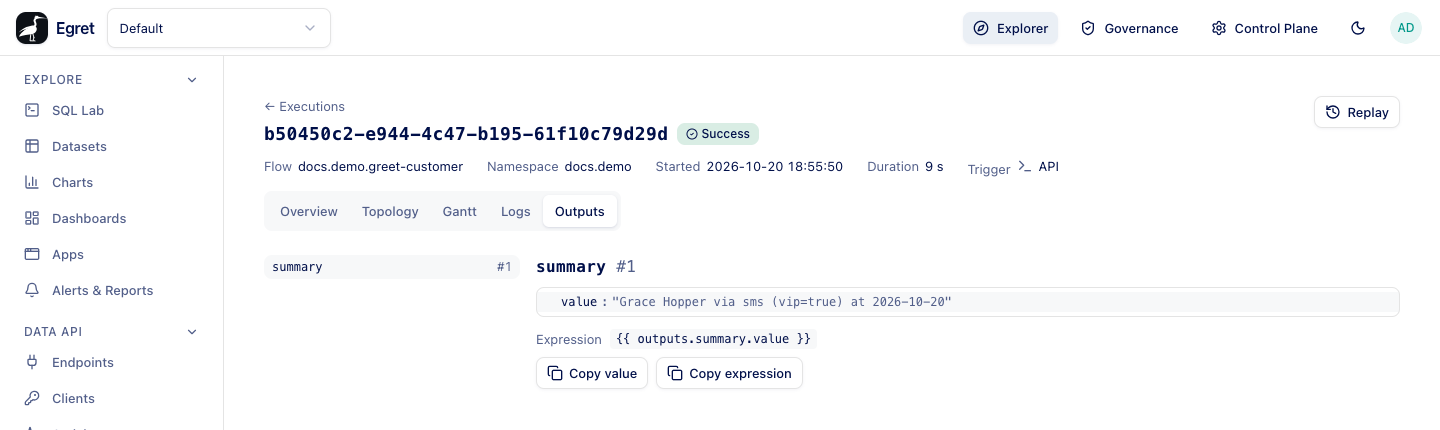 The Outputs tab showing the Return task's value and its expression