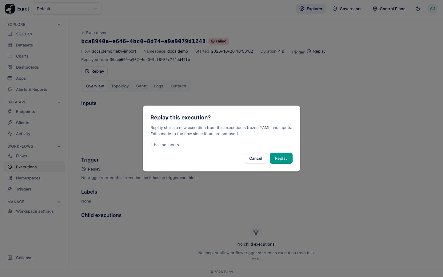 The replay dialog: a new execution from the frozen YAML and inputs