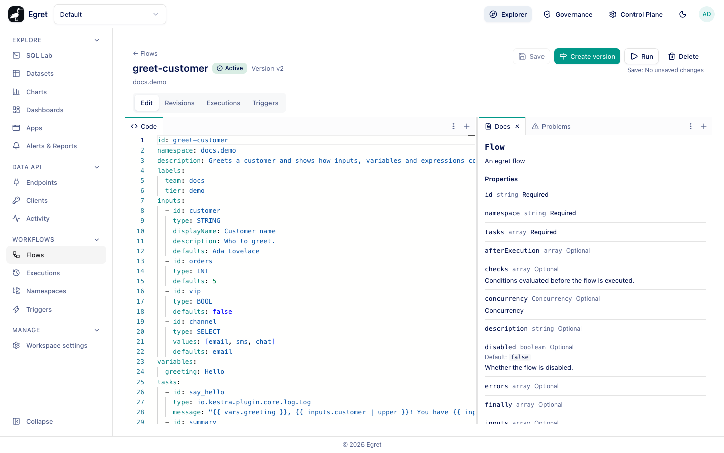 The editor with the code panel on the left and the Docs panel on the right