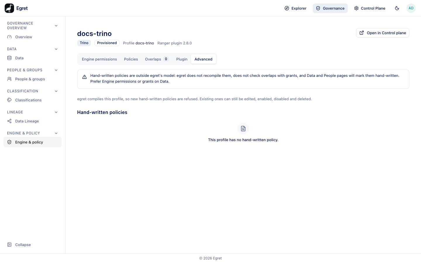 The Advanced tab of docs-trino: egret compiles this profile, so new hand-written policies are refused