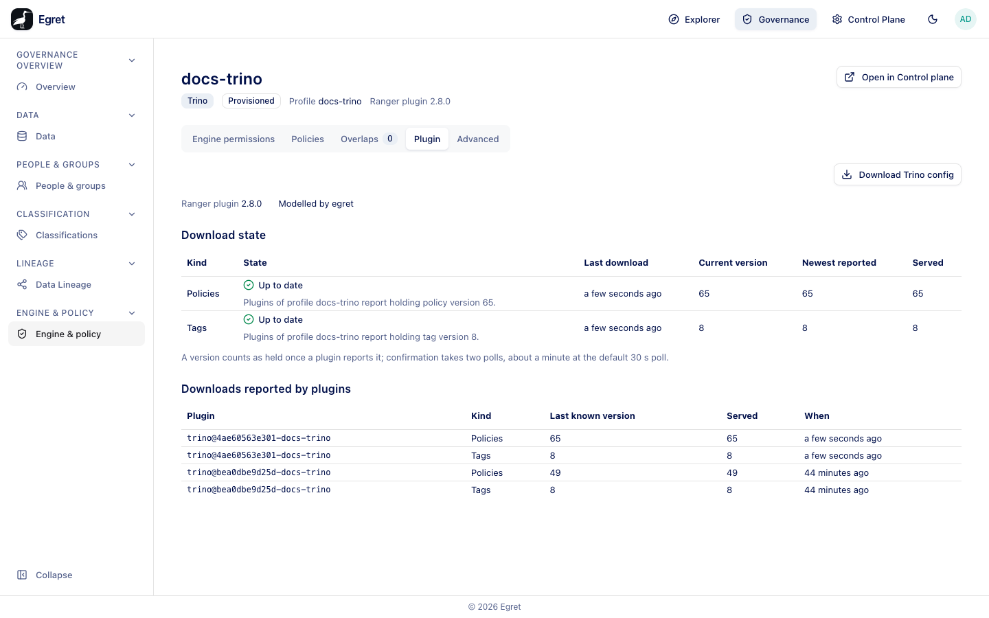 The Plugin tab of docs-trino: plugin 2.8.0, both downloads up to date, and the plugins that reported