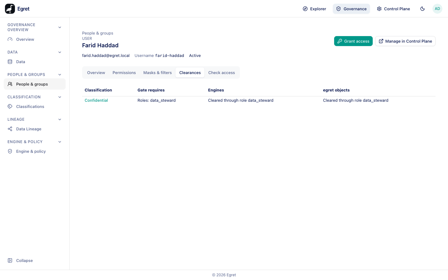 The Clearances tab of Farid Haddad: cleared for Confidential through the role data_steward