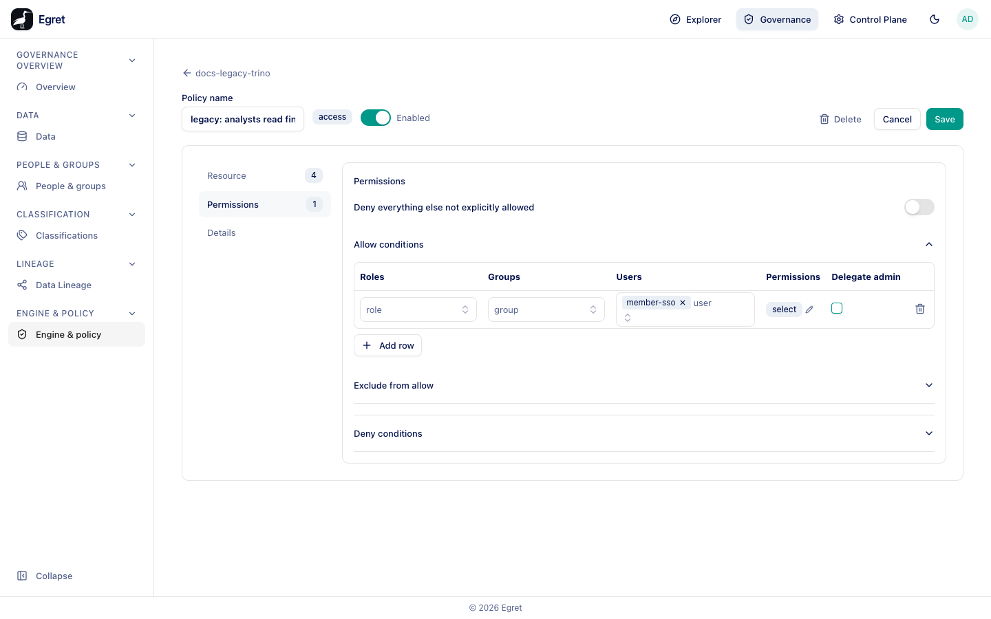 The Permissions section: member-sso allowed select, with Add row, Exclude from allow and Deny conditions