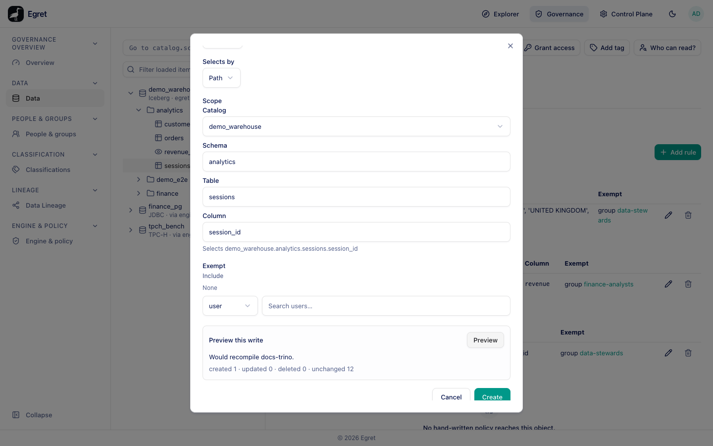 The New rule dialog for a mask: the Hash mask type on the session_id column, previewed