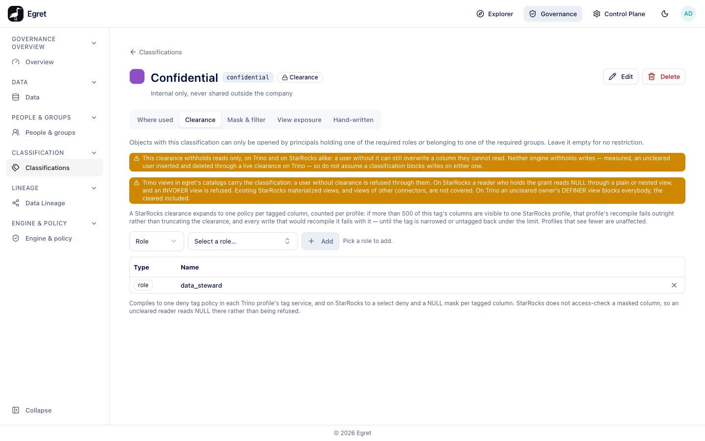 The Clearance tab of Confidential with the role data_steward required, and the warnings egret shows