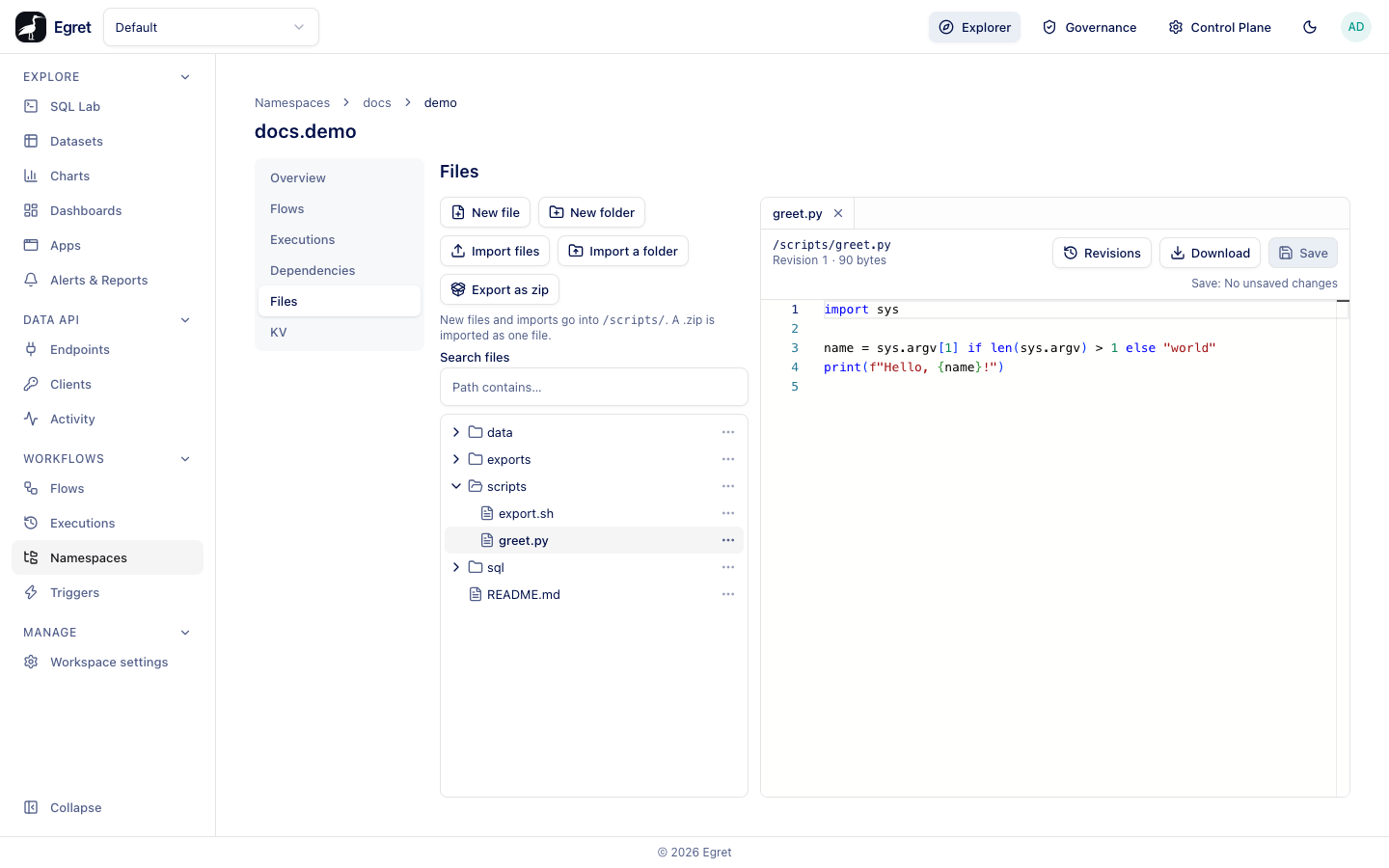 The Files tab with a folder tree on the left and a file open in the editor