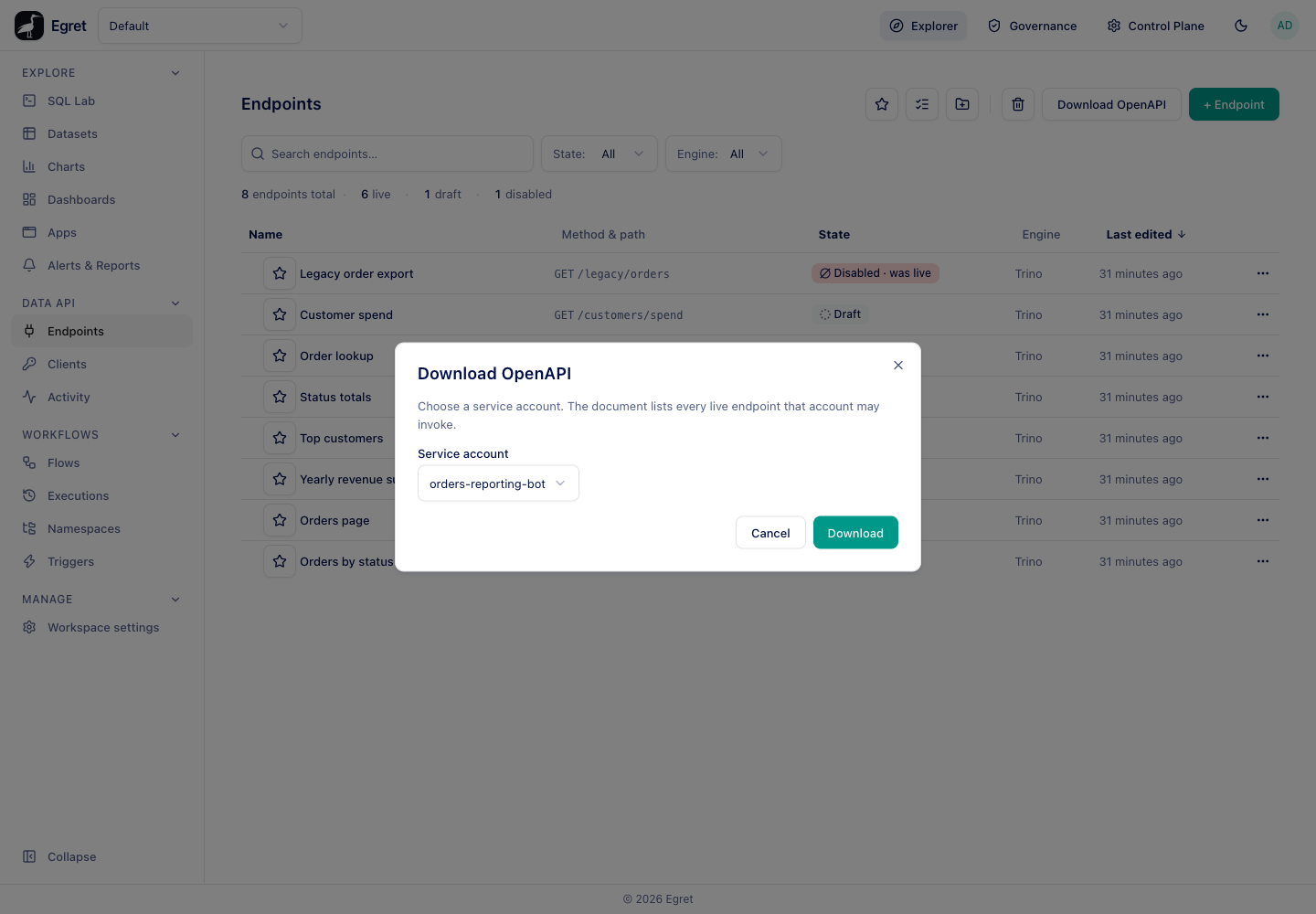 The Download OpenAPI dialog over the endpoints list, with orders-reporting-bot chosen