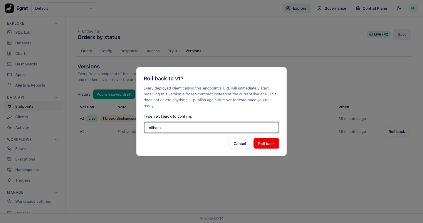 The Roll back to v1? dialog with rollback typed and the red Roll back button enabled