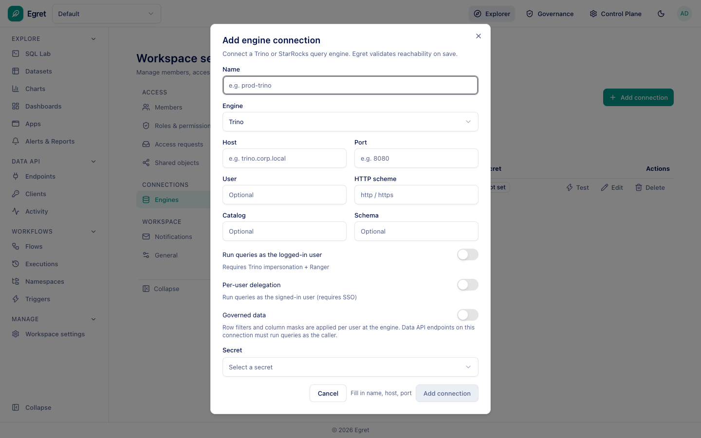 The Add engine connection dialog