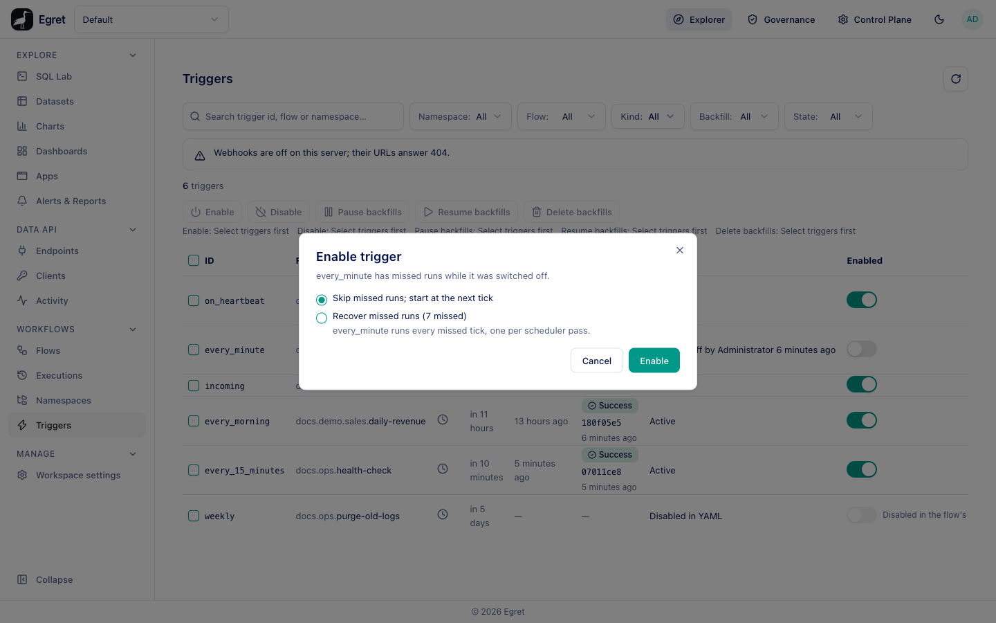 The Enable trigger dialog with Skip missed runs and Recover missed runs