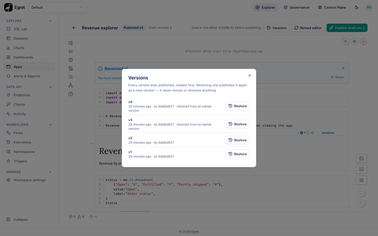 The Versions dialog of Revenue explorer listing v4 to v1, newest first, each with a Restore button; v4 and v3 are marked restored from an earlier version