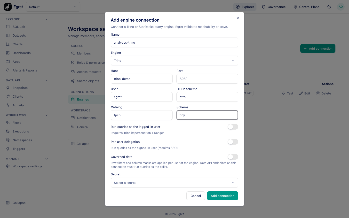 The Add engine connection dialog