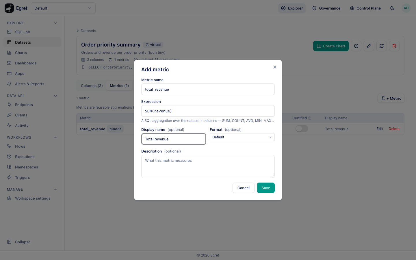 The Add metric dialog