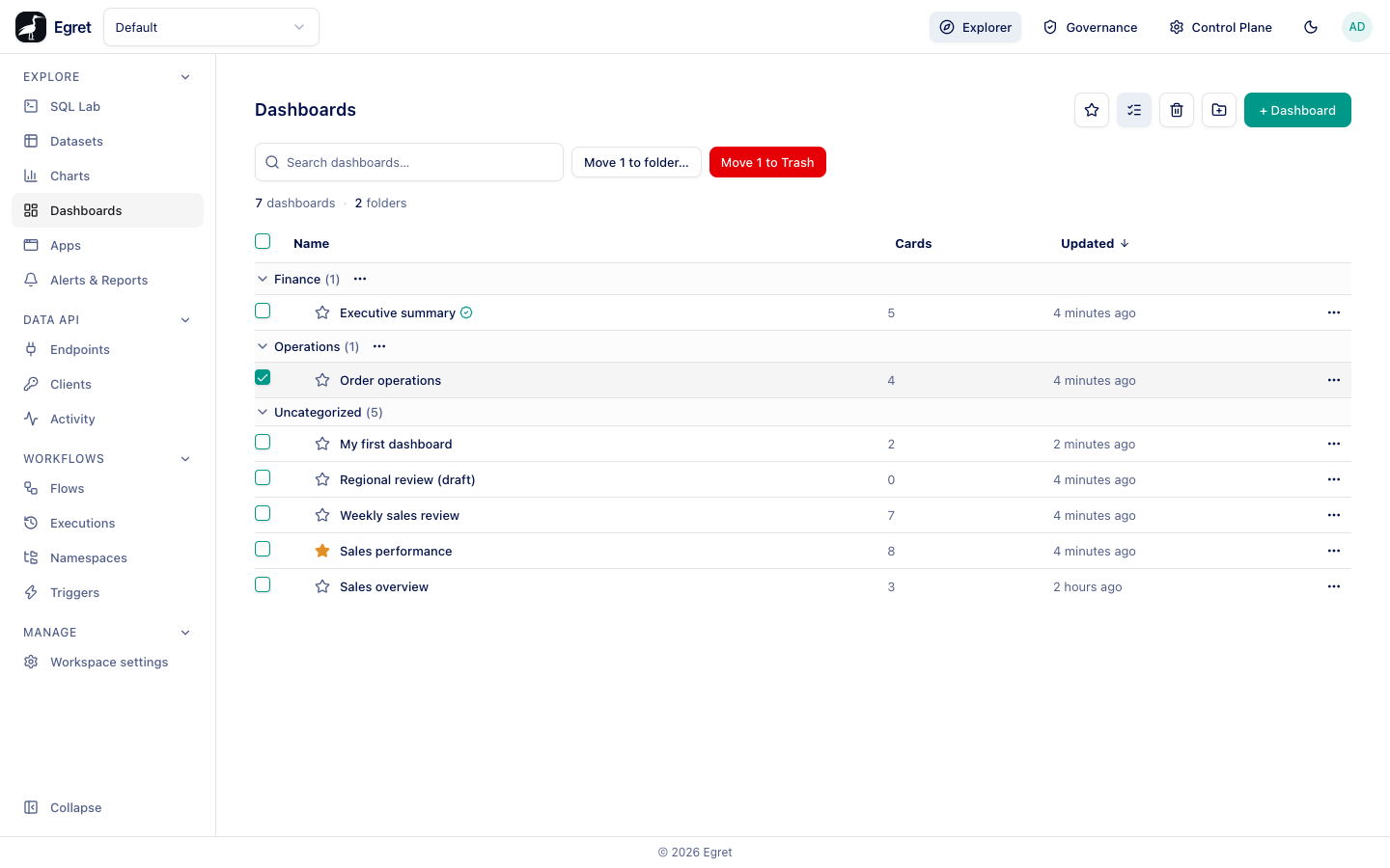 Bulk select with one dashboard ticked and the Move to folder and Move to Trash buttons
