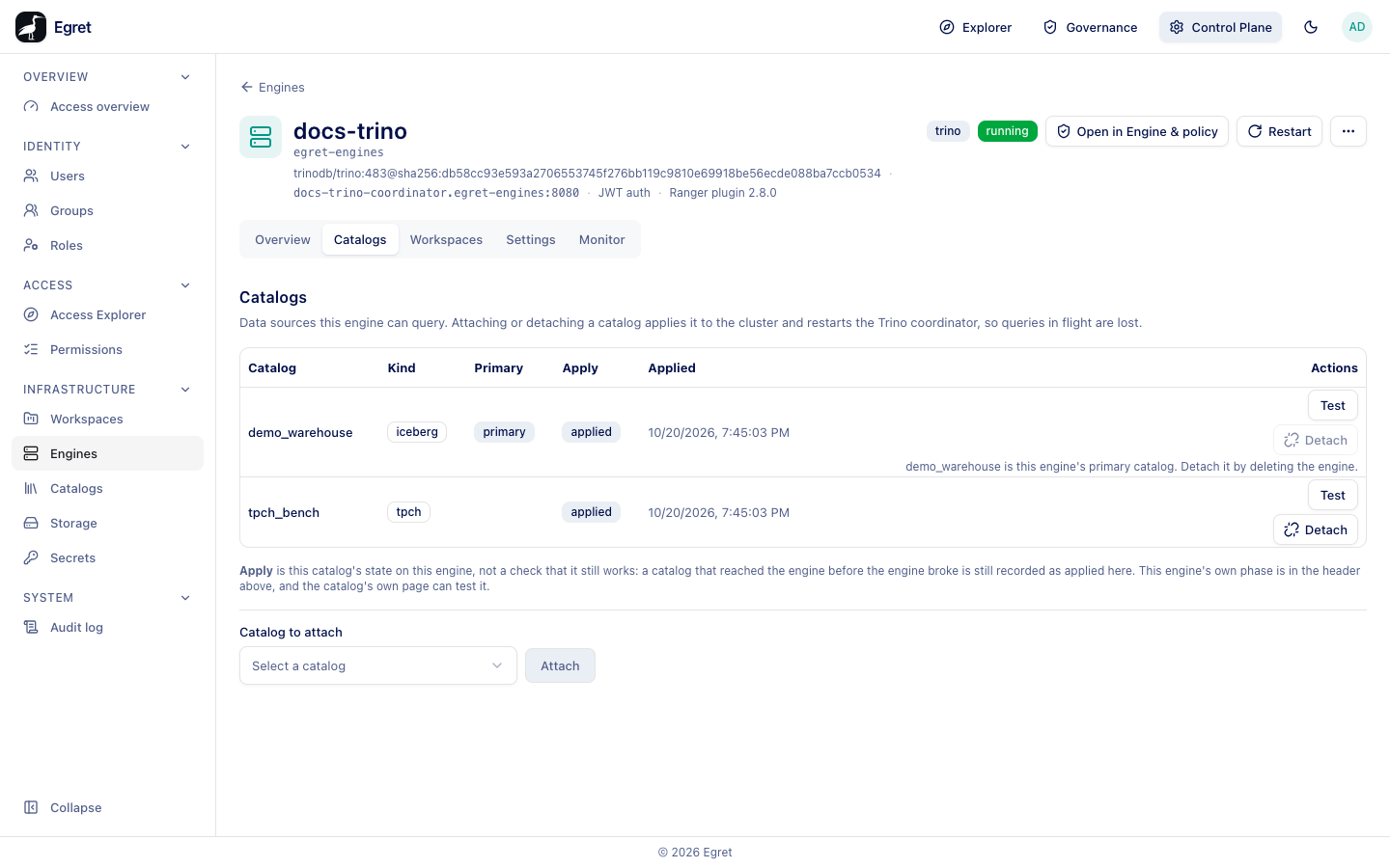 The Catalogs tab: demo_warehouse is primary and applied, tpch_bench is applied