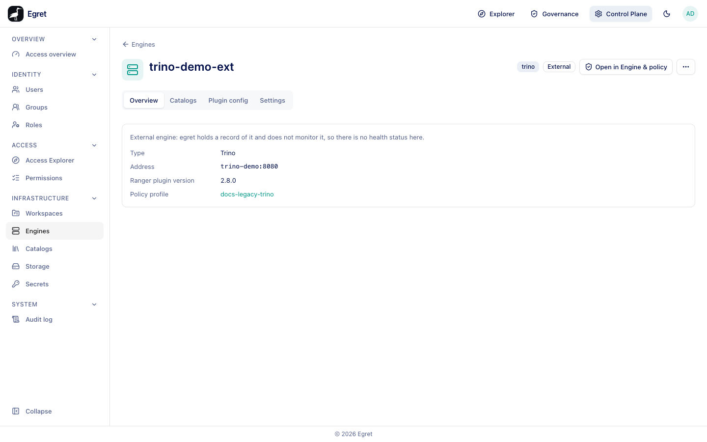 The Overview tab of the external engine trino-demo-ext
