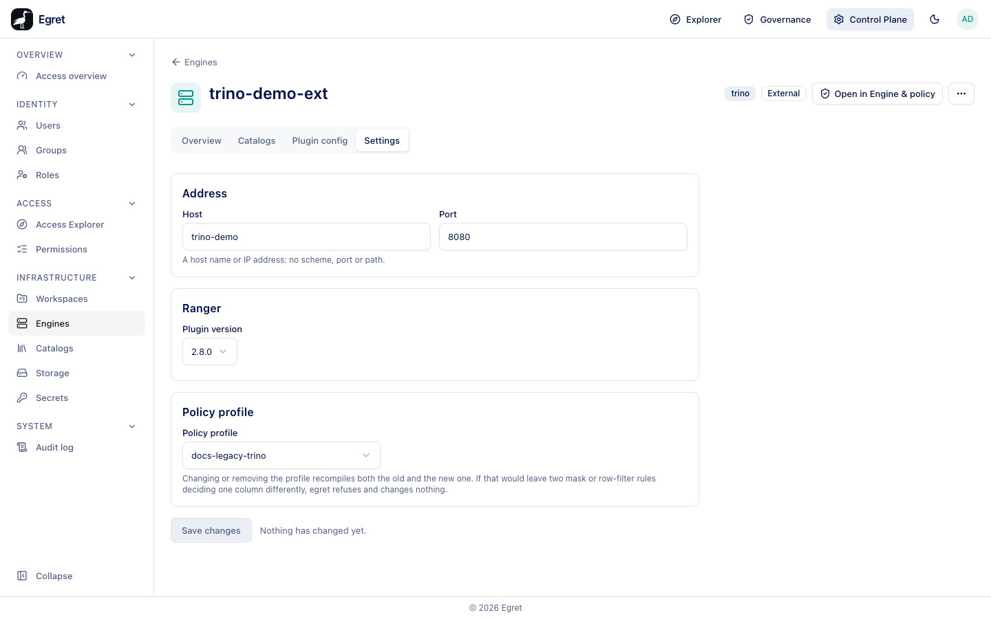 The Settings tab of the external engine: address, Ranger plugin version and policy profile