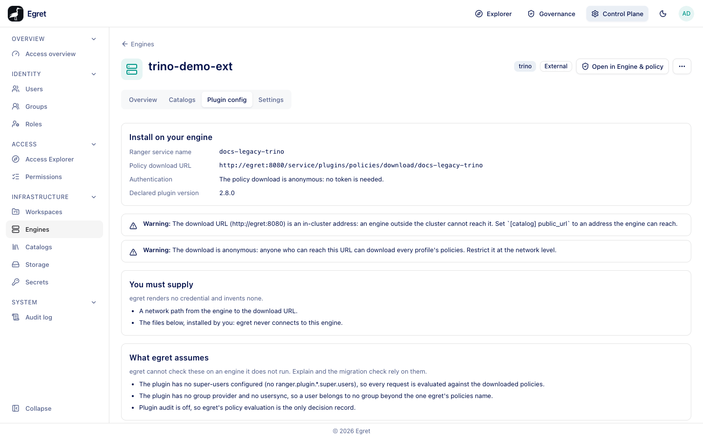 The Plugin config tab: service name, download URL, warnings and the two configuration files