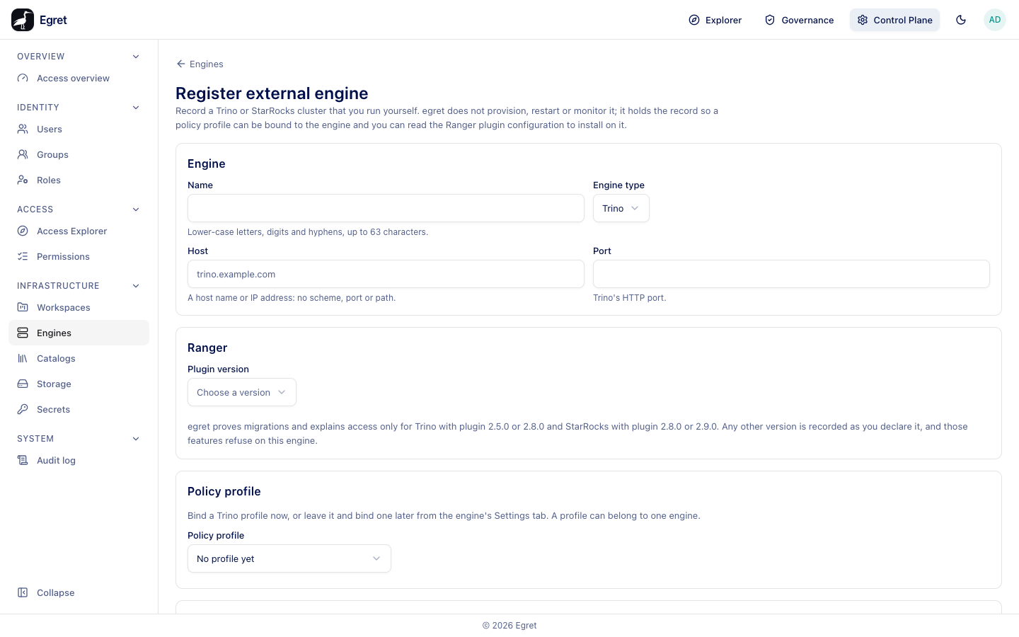 The Register external engine form: Engine, Ranger and Policy profile sections