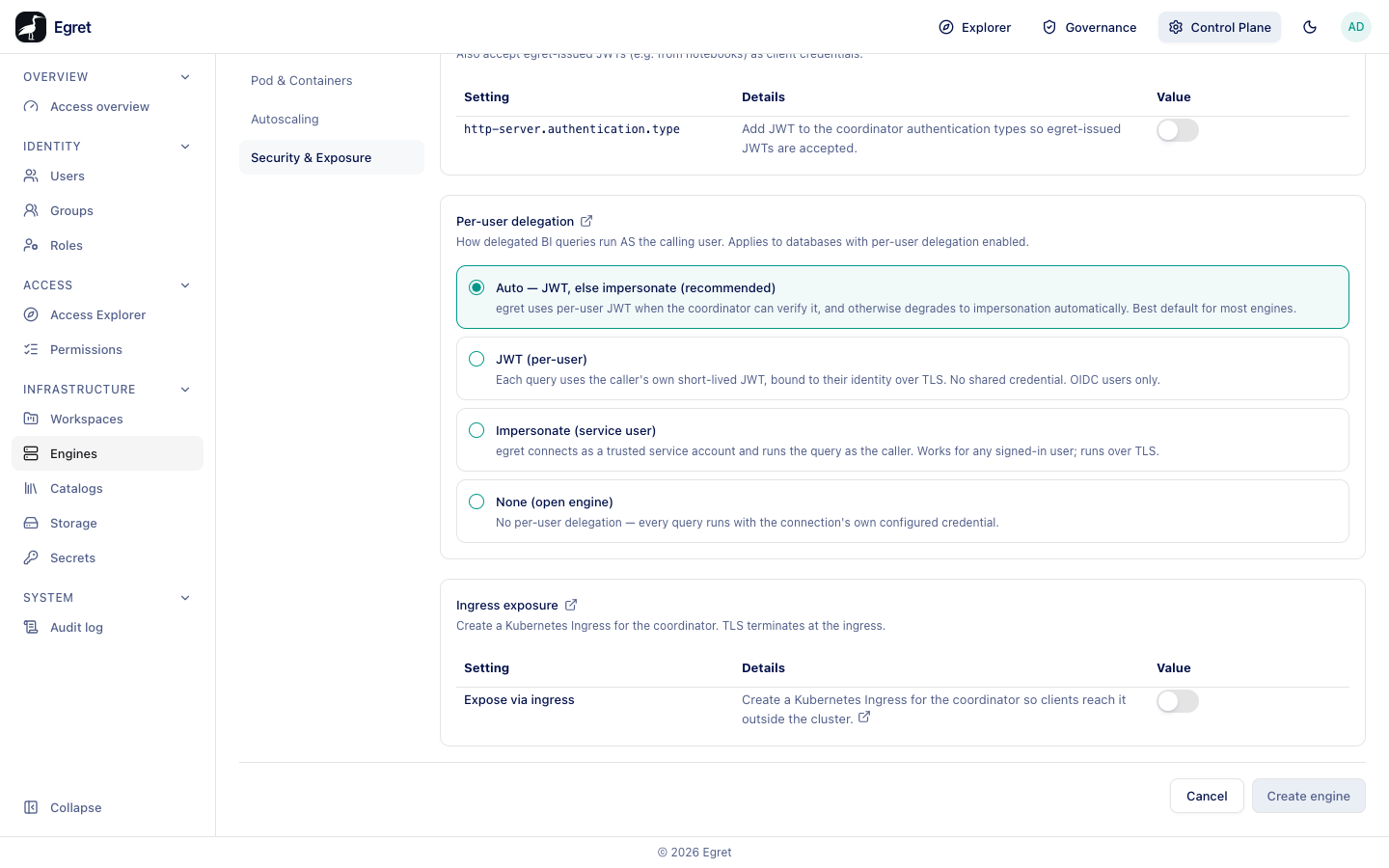 The Security &amp; Exposure section: JWT authentication, the four per-user delegation modes and Ingress exposure