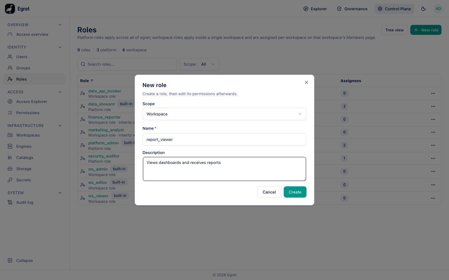 The New role dialog with scope Workspace
