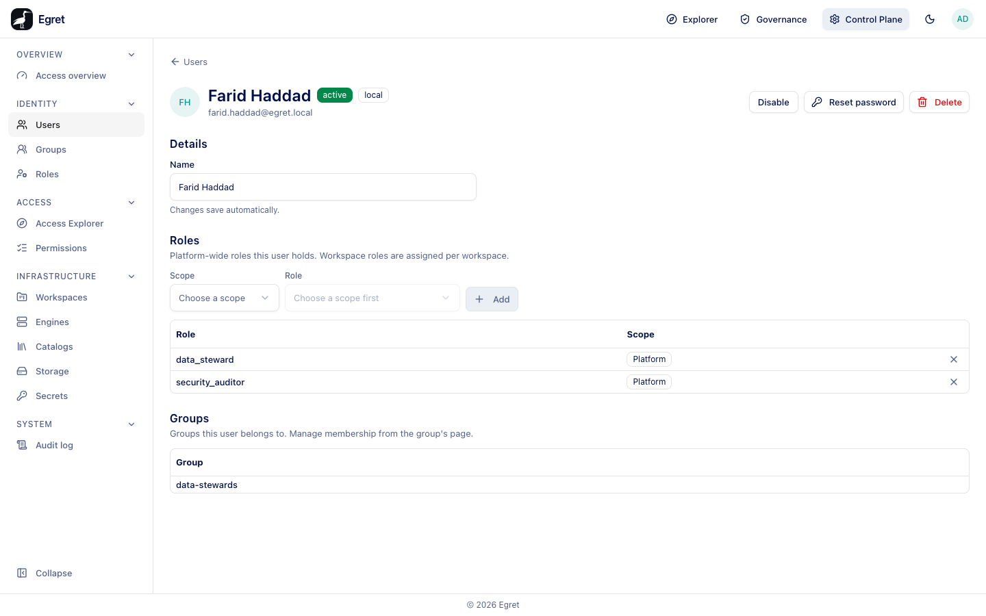 The page of Farid Haddad: details, two platform roles and one group
