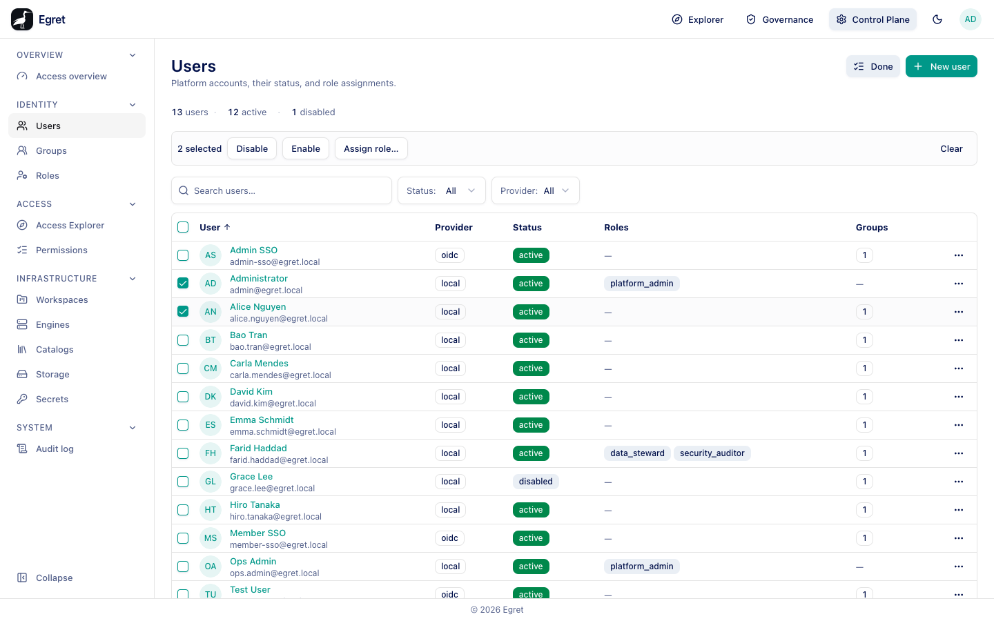 Bulk select with two users ticked and the actions bar