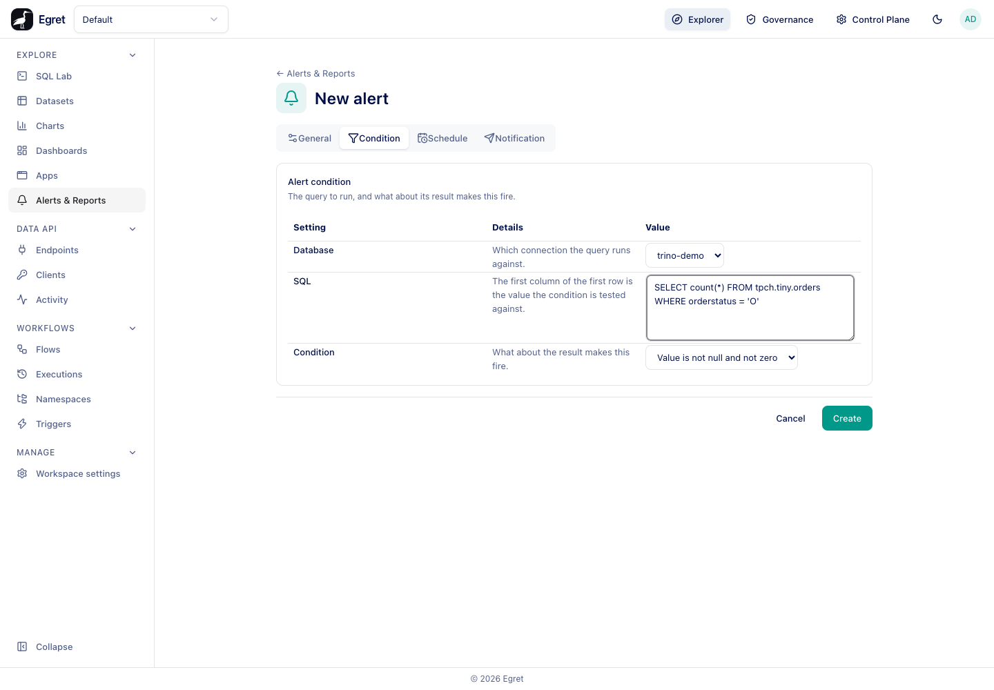The alert editor, Condition tab