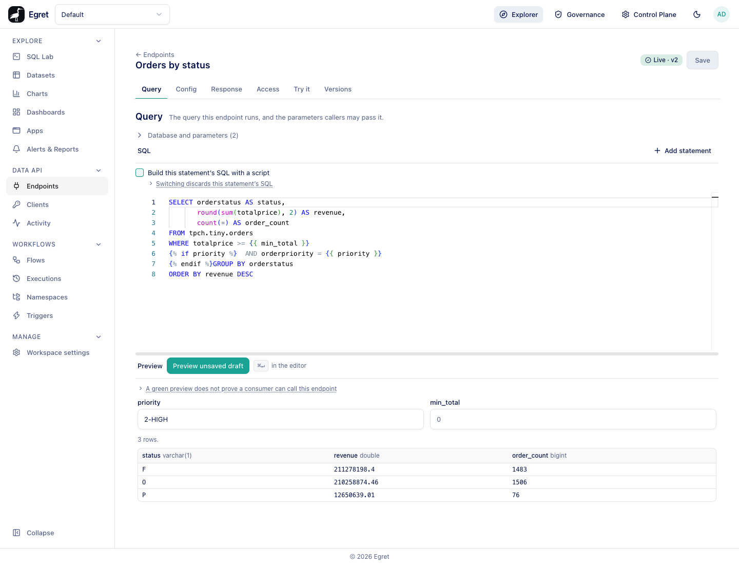 The Query tab of Orders by status with priority 2-HIGH and a three-row Preview result