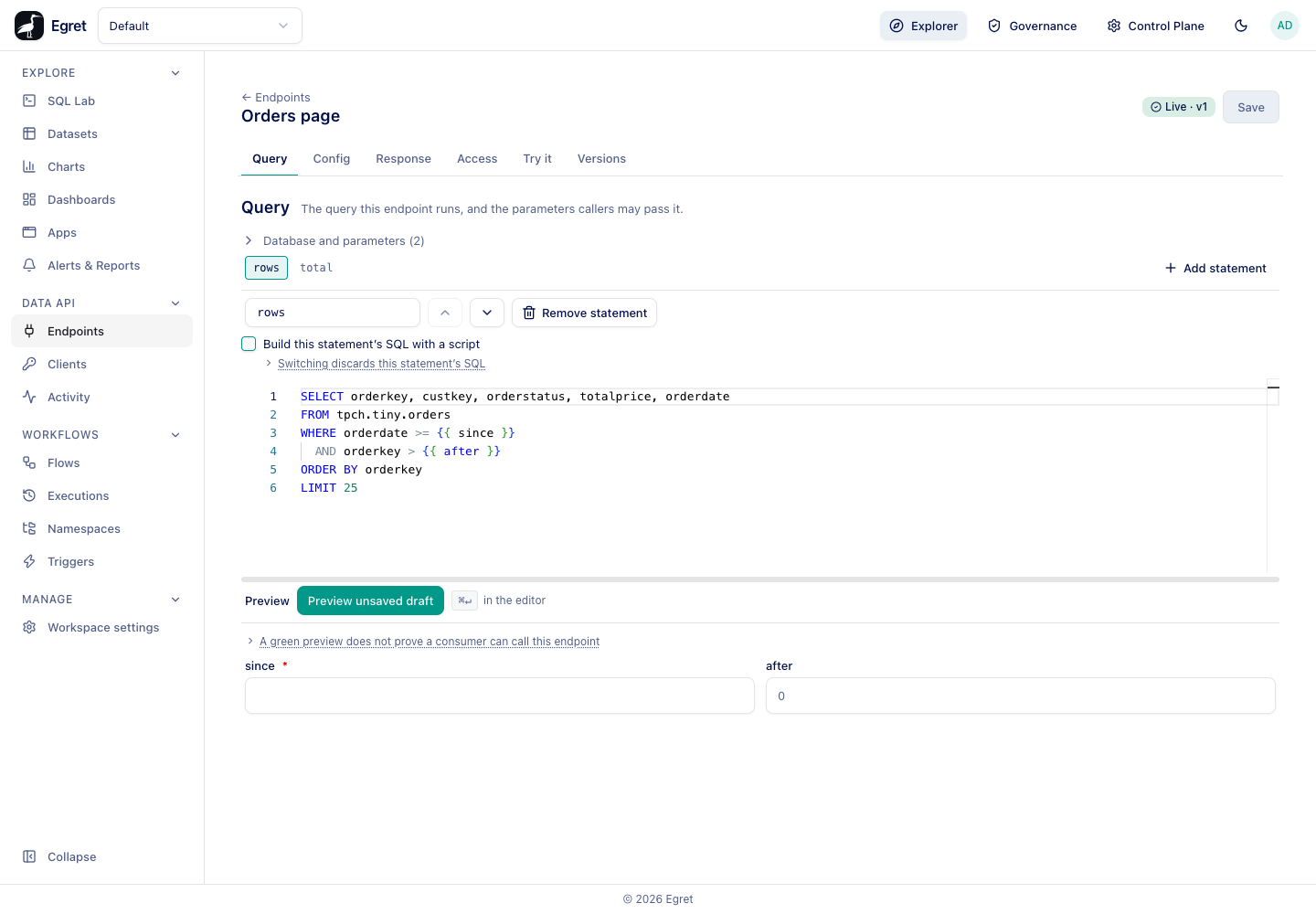 The Query tab of Orders page with two statements, rows and total, and the rows statement selected
