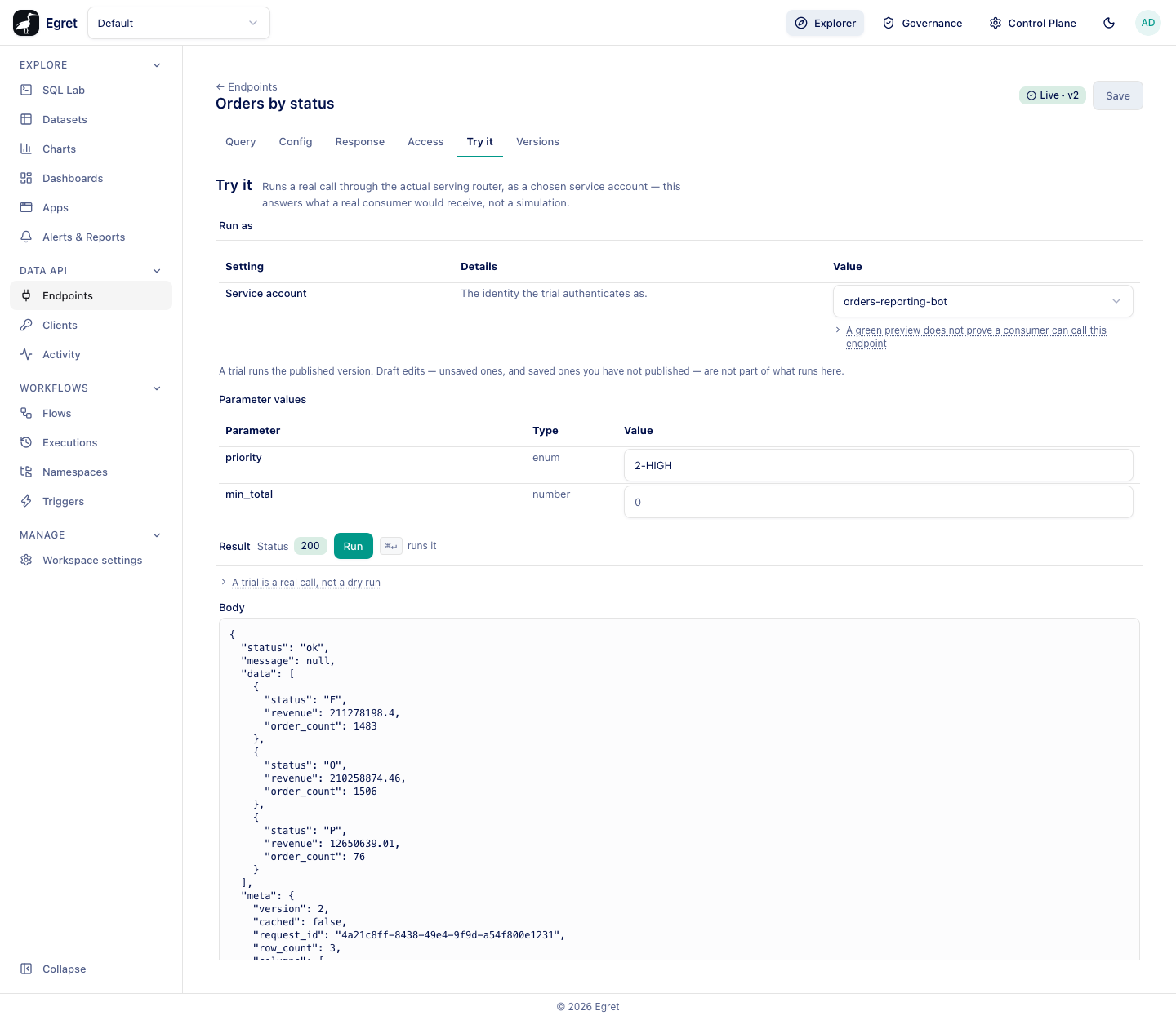 The Try it tab after a successful run as orders-reporting-bot: Status 200 and the response body
