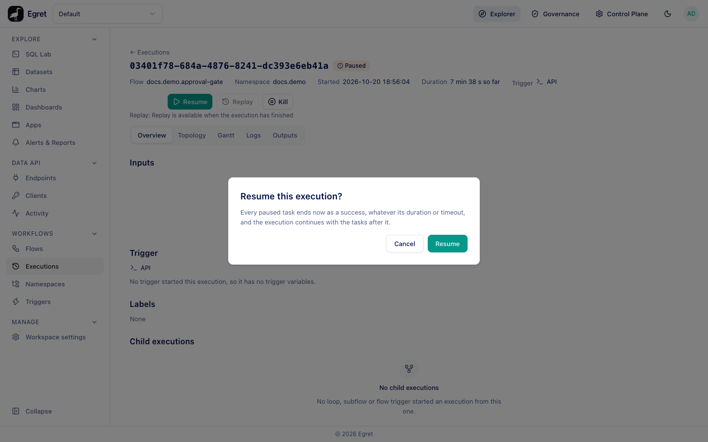 The Resume this execution? dialog