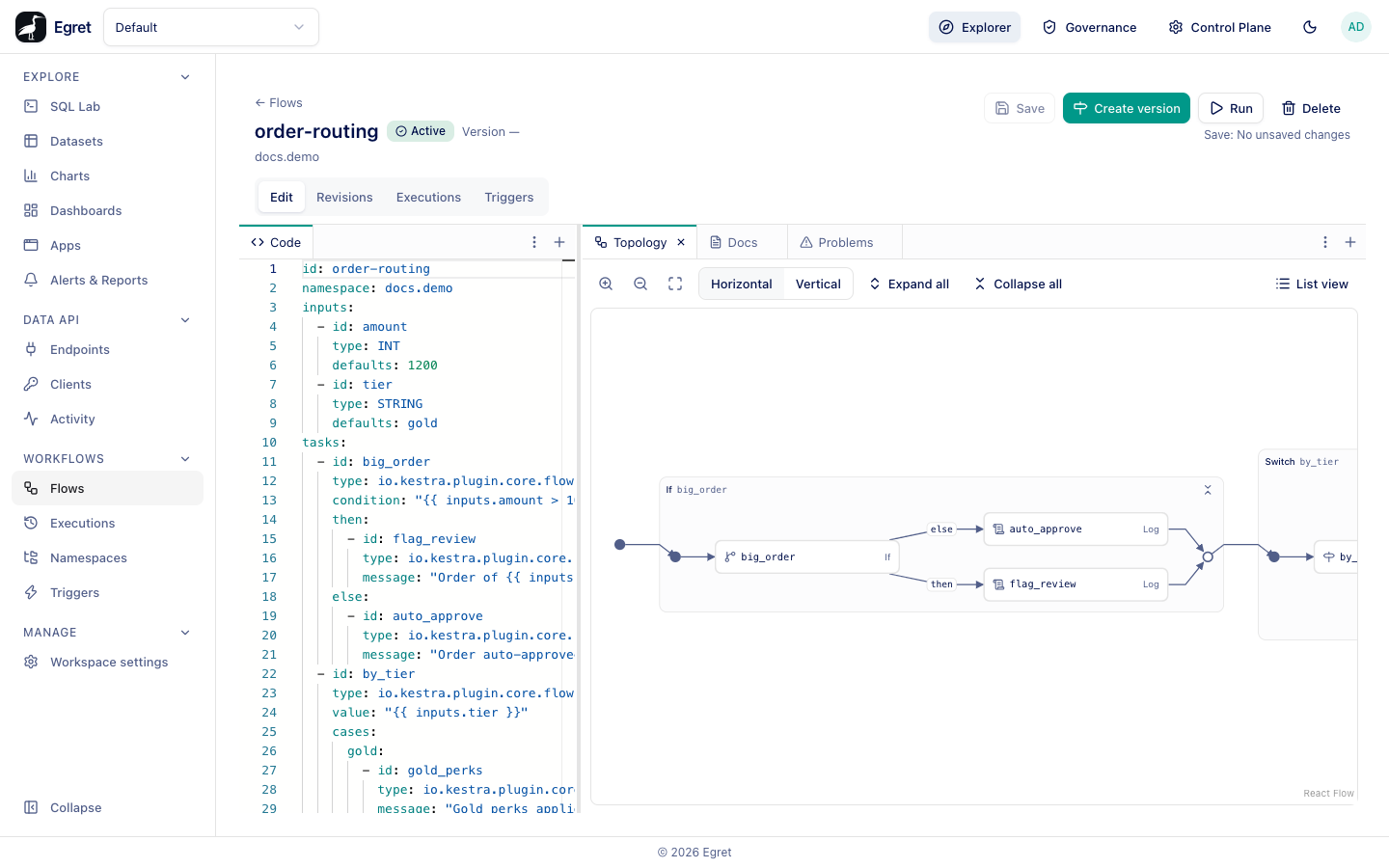 The Topology tab beside the code: the If task big_order with its then and else branches, the Switch beyond it
