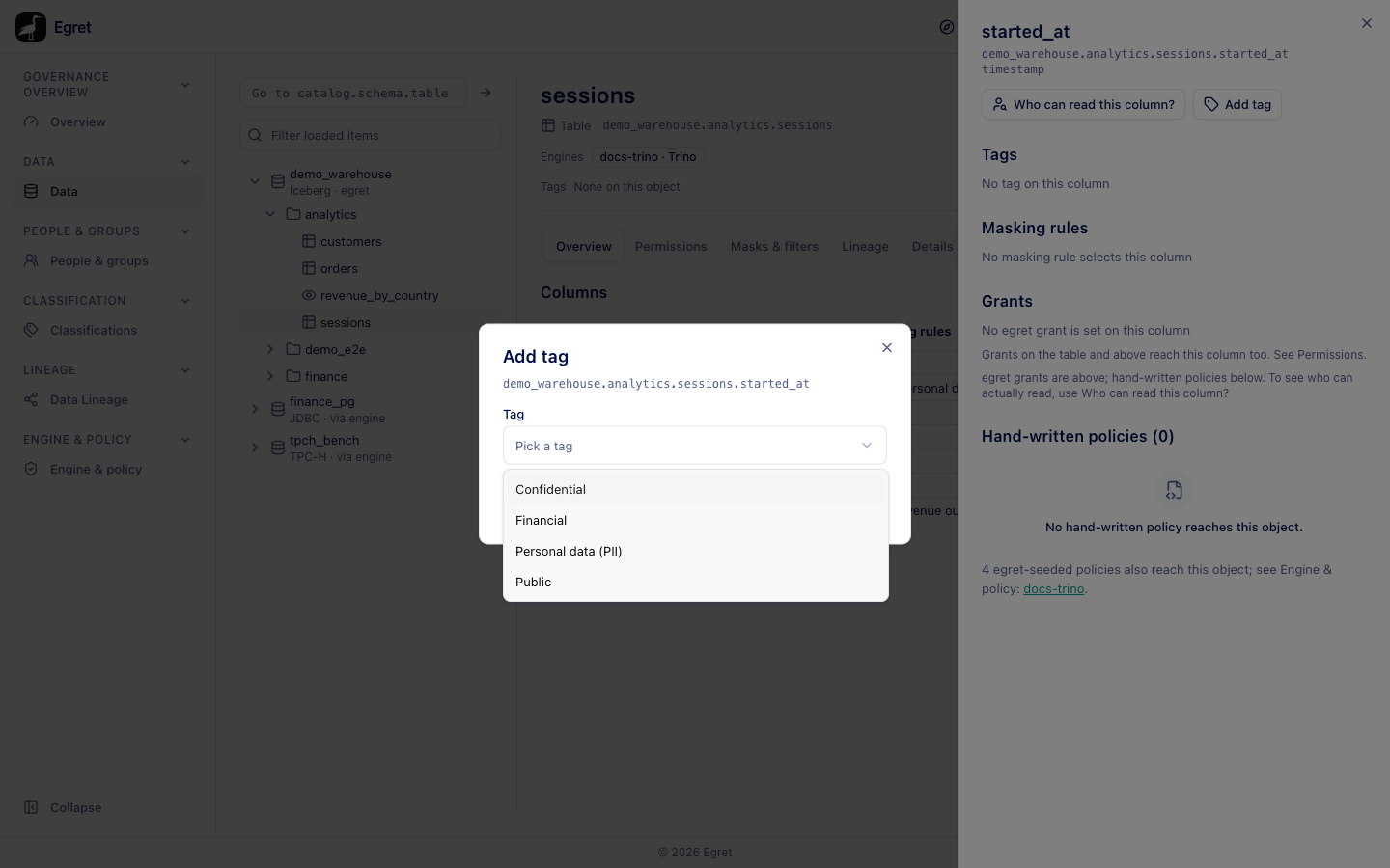 The Add tag dialog for the started_at column, with the tag list open