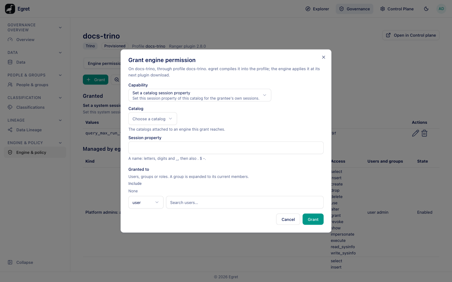 The Grant engine permission dialog for a catalog session property