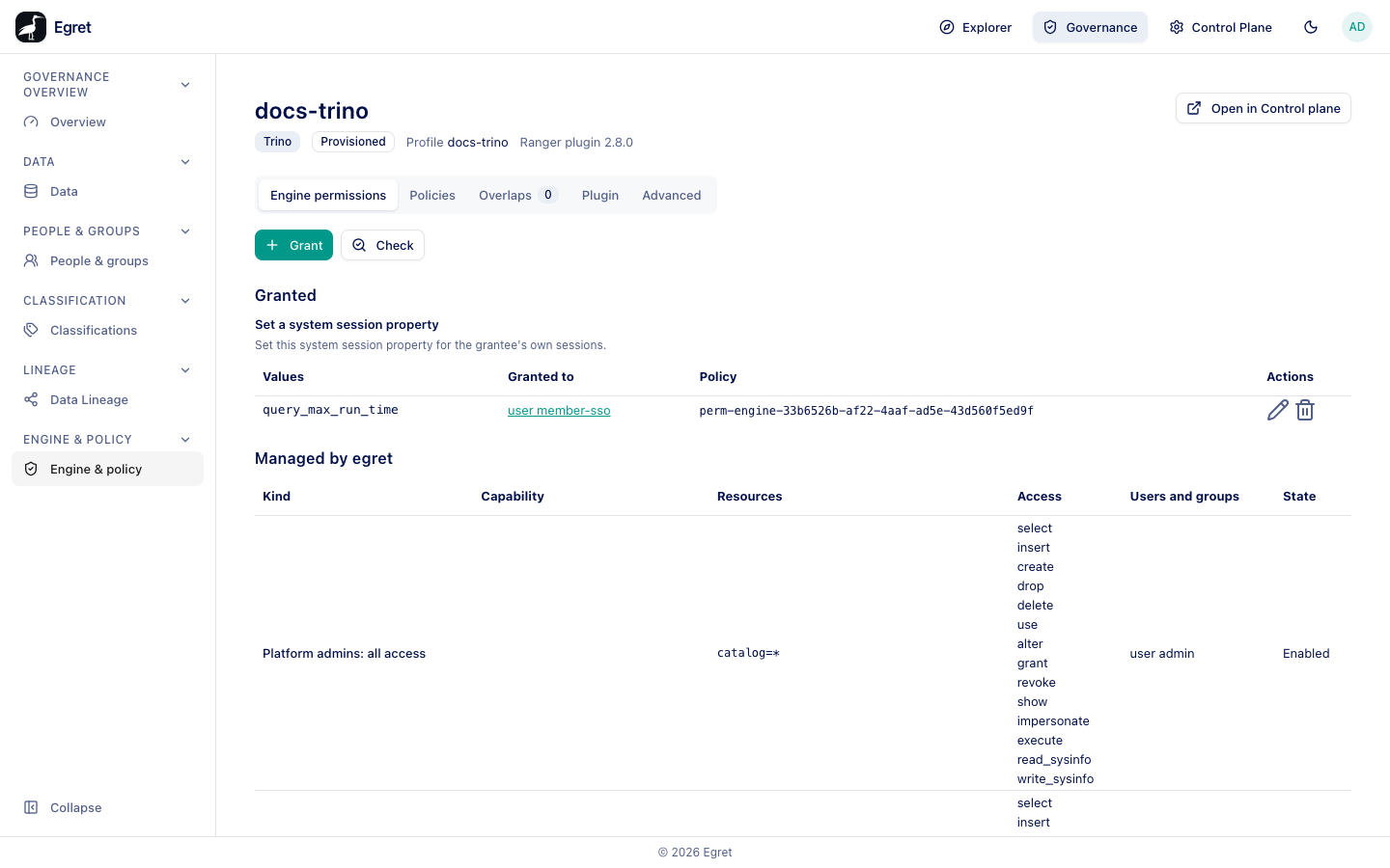 The Engine permissions tab of docs-trino: one granted session property, and the policies managed by egret