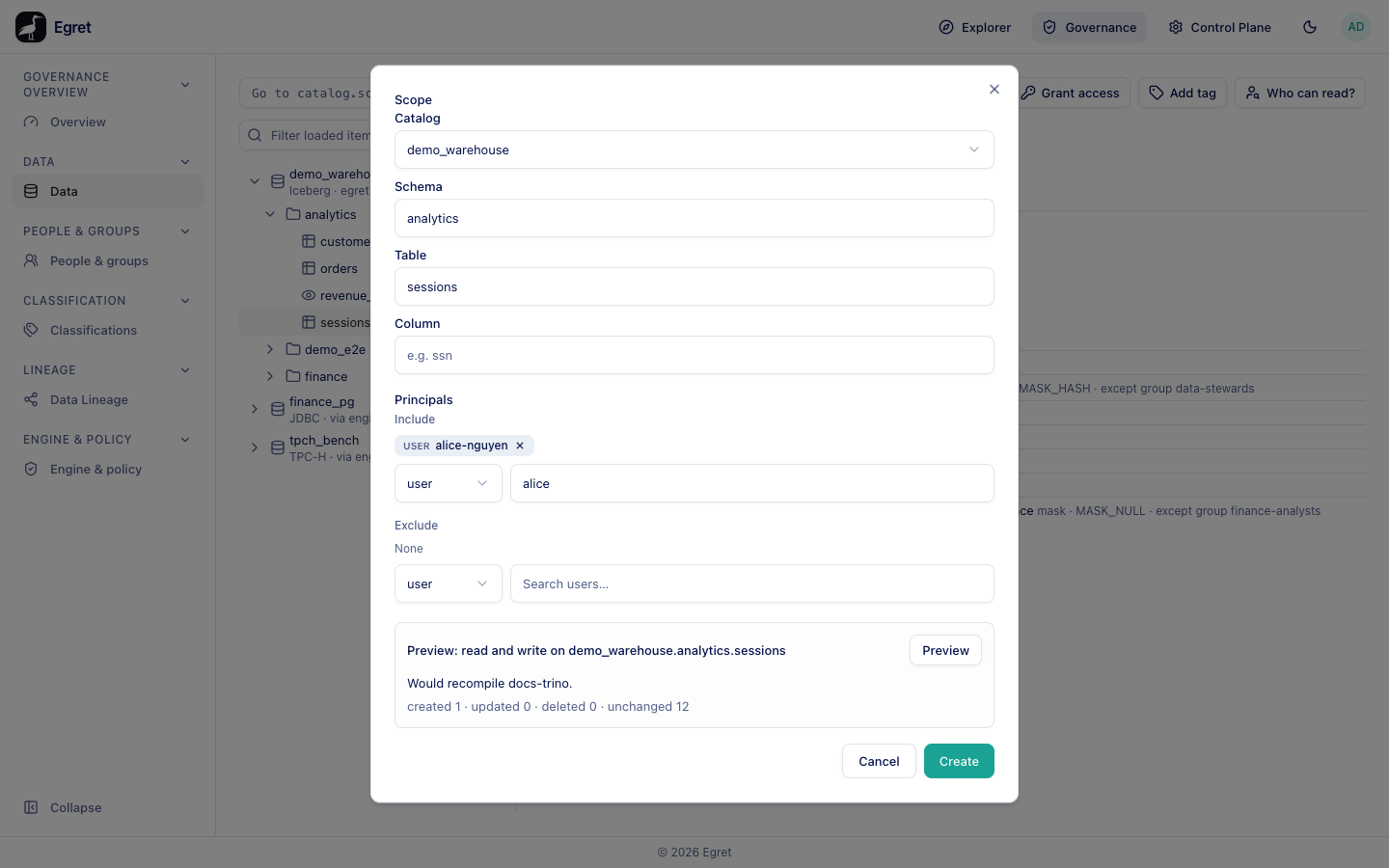 The New grant dialog after a preview: read and write on demo_warehouse.analytics.sessions for alice-nguyen, which would recompile docs-trino
